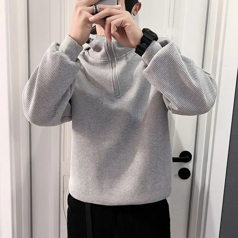 Mens Trendy Simple Casual Half Zipper Hooded Sweatshirt Autumn Winter Black Gray Long Sleeve Loose Pullover Hoodie Clothing 250304