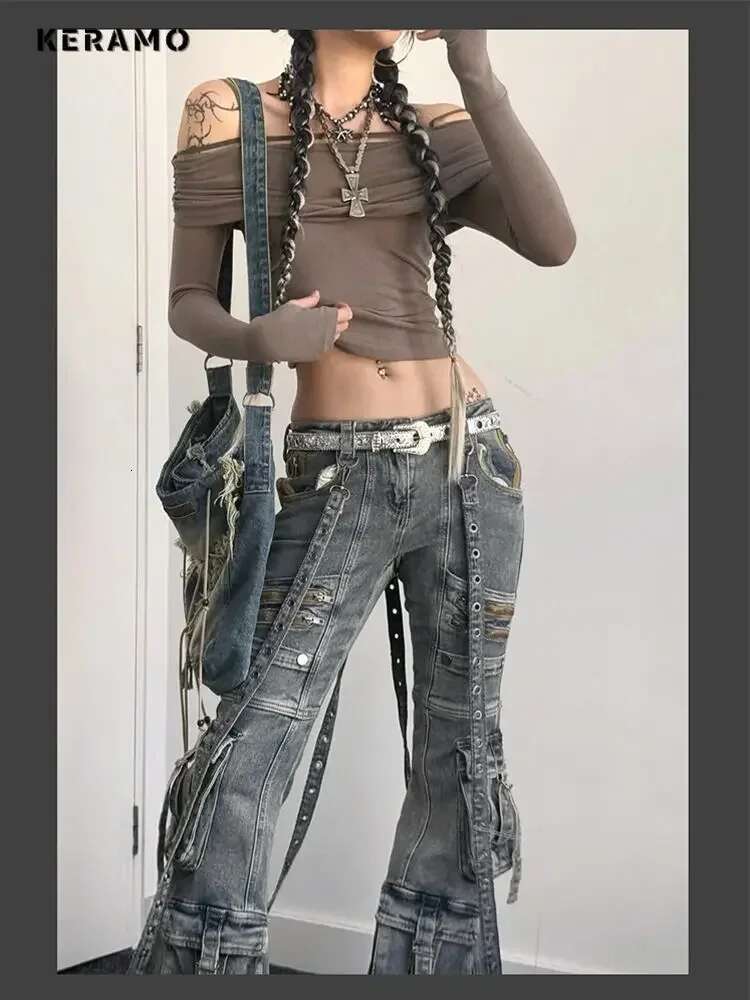 Women's Y2k Slim Fit Lace-Up Denim Trouser Washed Vintage Classic Emo Casual Pants Grunge Street Retro High Waist Pockets Jeans