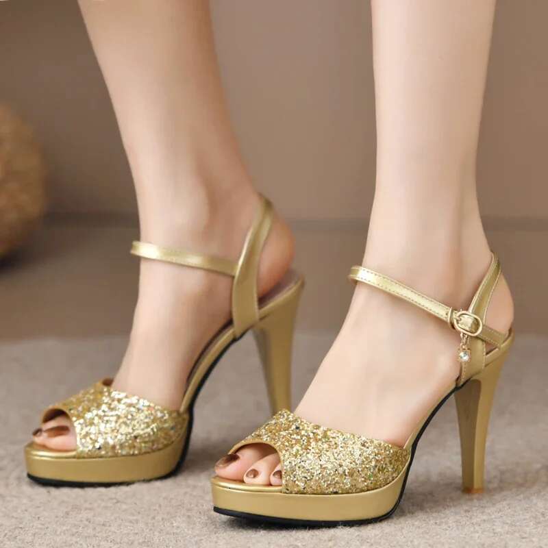 Ladies Gold Elegant Glitter Super High Heels Shoes Woman Peep Toe Ankle Strap Pumps Women Summer 2025 Platform Sandals Mujer 40