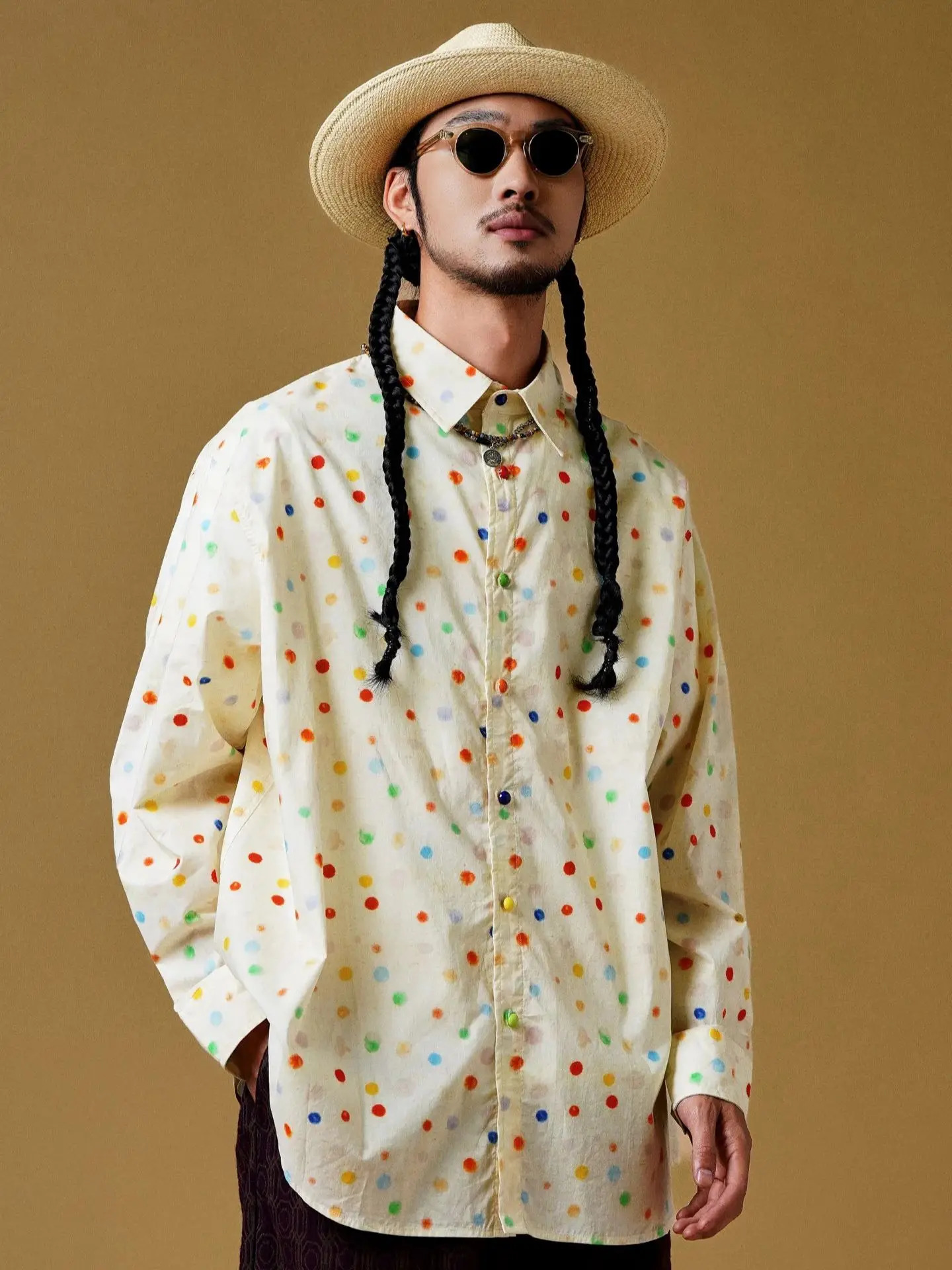 Vintage color polka dot lapel shirt for men and women the same shirt spring light and thin sunscreen shirt 250227