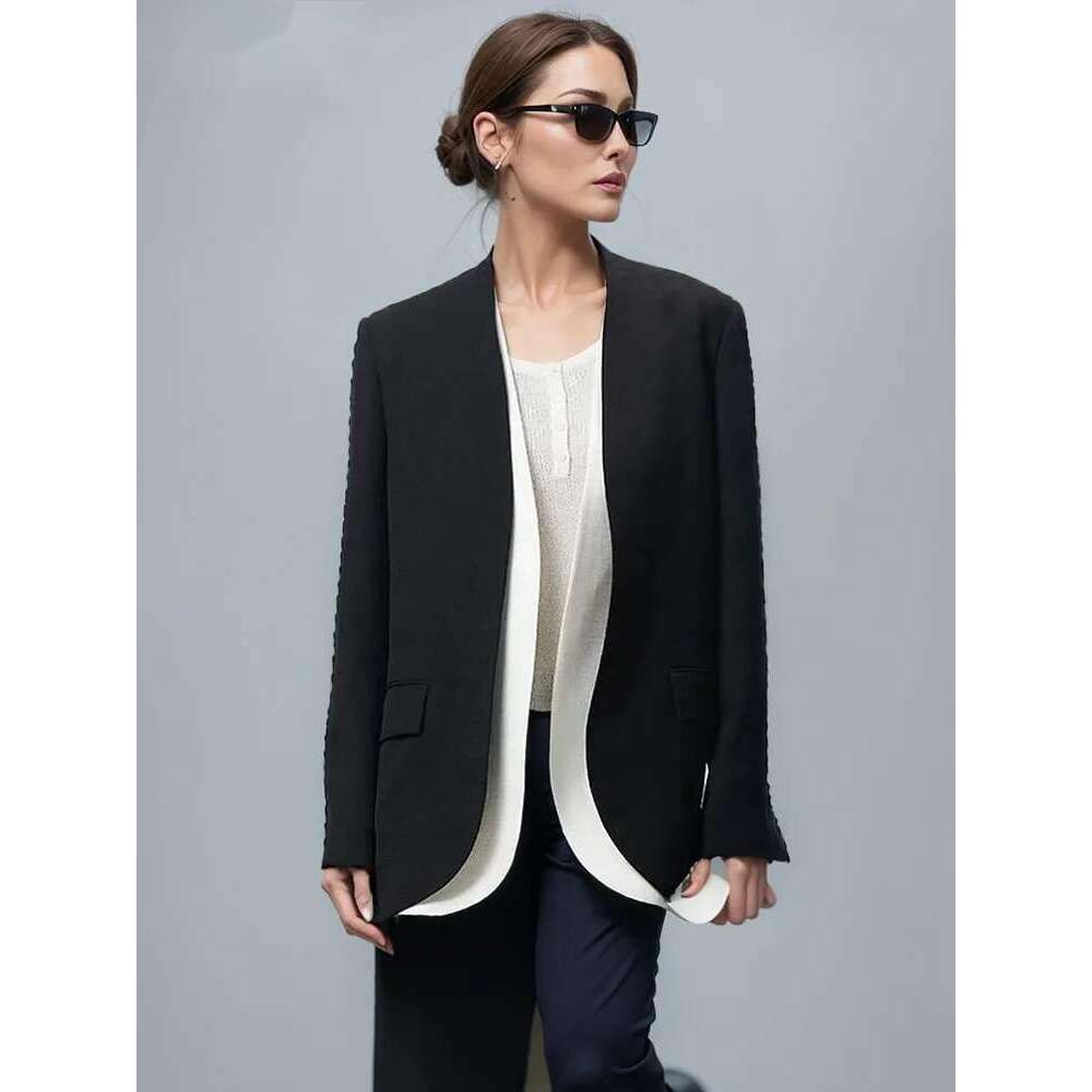 Fashion Women's Fake 2 Pcs Set Blazer Spliced Lightweight Sheer Ing Vintage Veet Suit Jackets Summer 2024 New 7Ab4301
