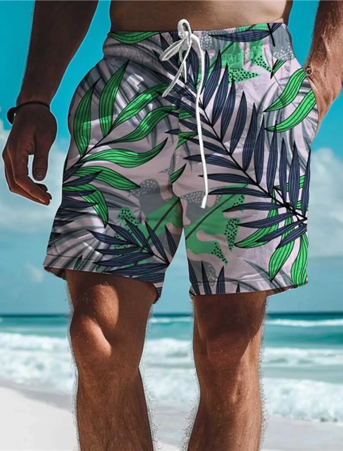 Leaf Tropical Mens Board Shorts Hawaiian Short 3D Printed Swim Trunks Elastic Drawstring Breathable Stretch Short Aloha StyleT250304