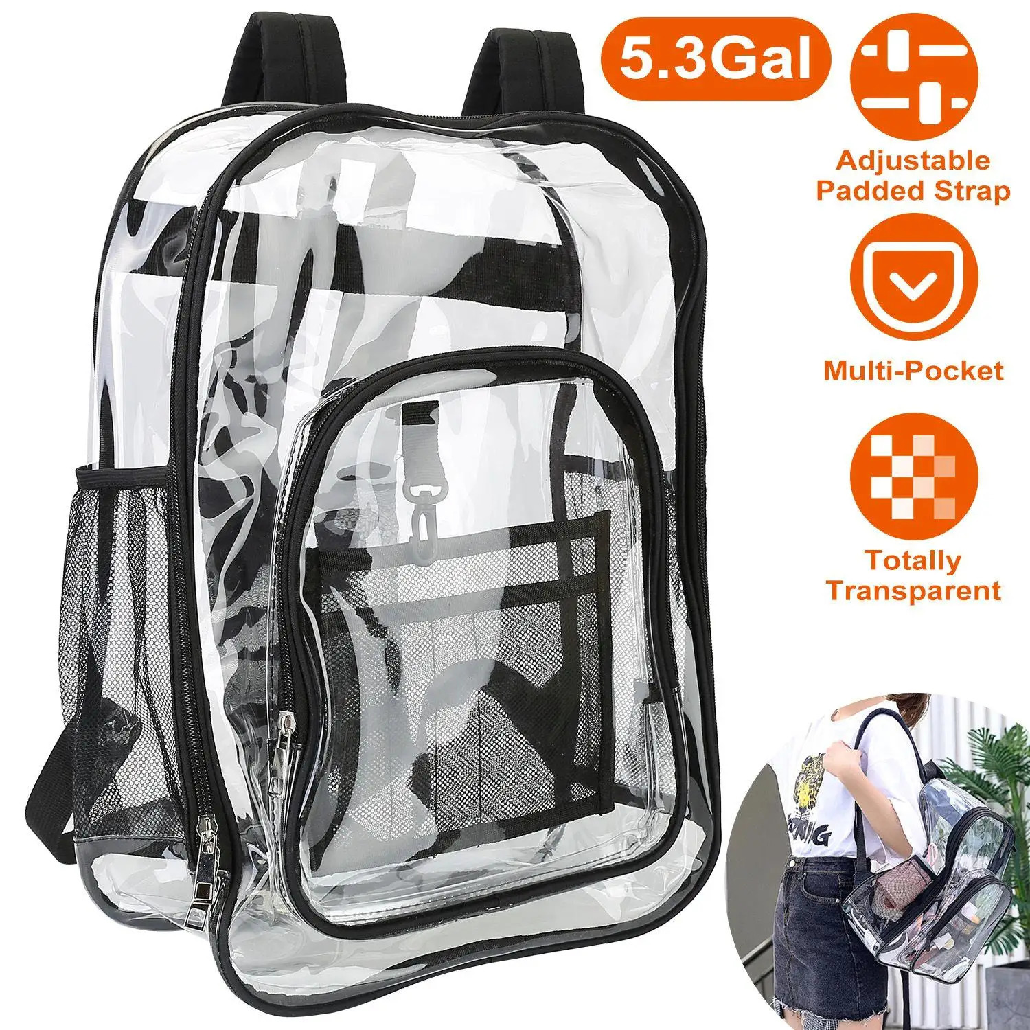 Ship from US Heavy Duty Large Clear Backpack for school | Waterproof PVC Book Bag with Reinforced Straps 53Gal Transparent Rucksack 250304FBB