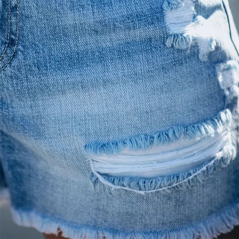 Women High Waist Double Button Splice Tassel Denim Shorts Female Fashion Broken Holes Casual Three Quarter Pants Streetwear 250303