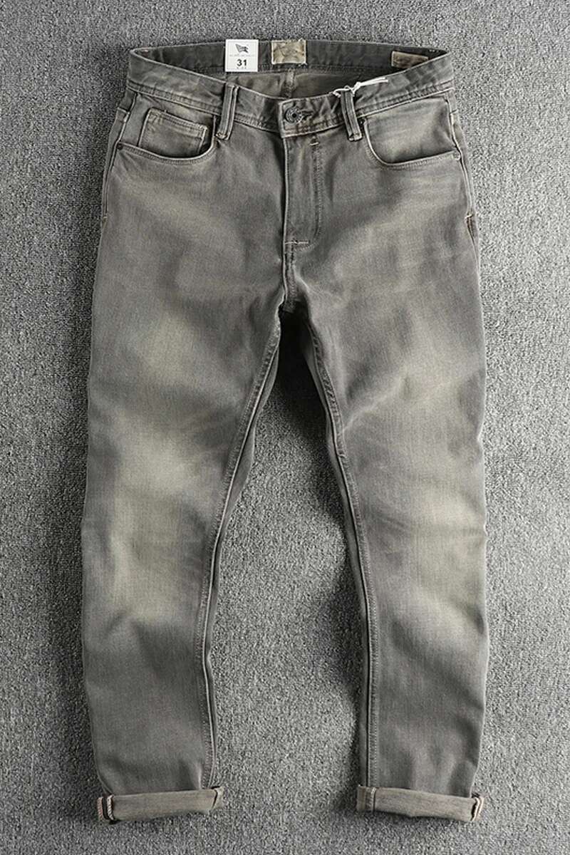 Spring Autumn New American Retro Heavyweight Smoky Grey Denim Jeans Men's Simple 100% Cotton Washed Old Straight Casual Pants