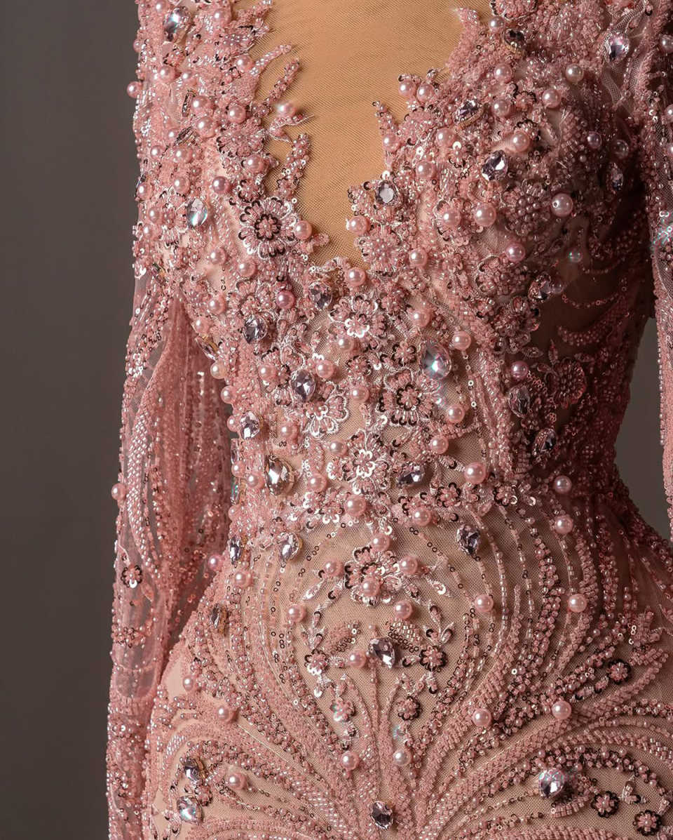 Evening Dresses For Women Sheer Neck Long Sleeves Gown Sequins Beaded Crystal Party Customized Dress