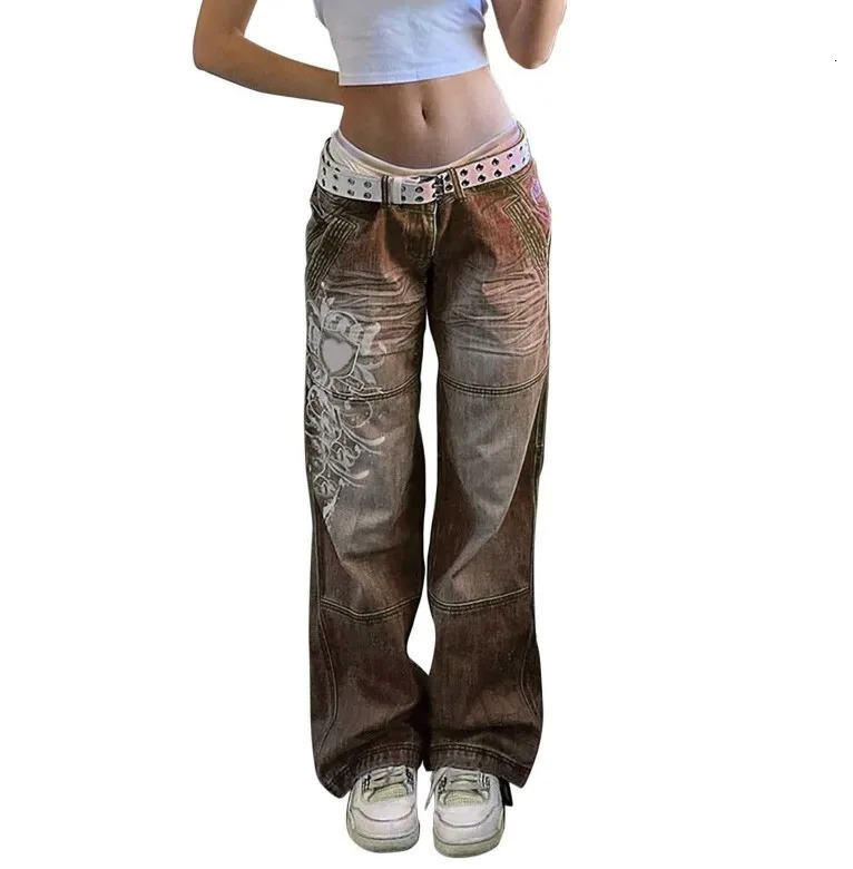 Retro womens irregular printed loose high waisted bag washed denim pants multi-color denim cargo pants Harajuku Y2k jeans 250228