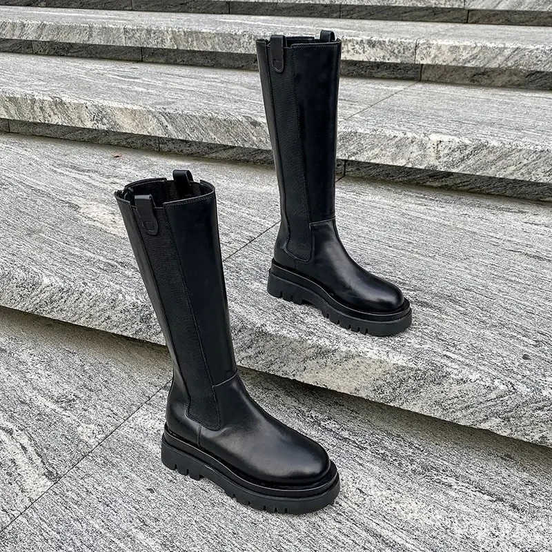 Ladies Shoes 2024 Knee-High Wens Boots Platform Modern Boots Wen Sewing Round Toe Back Zip Med Heel Shoes Fem Zapatos Z250304