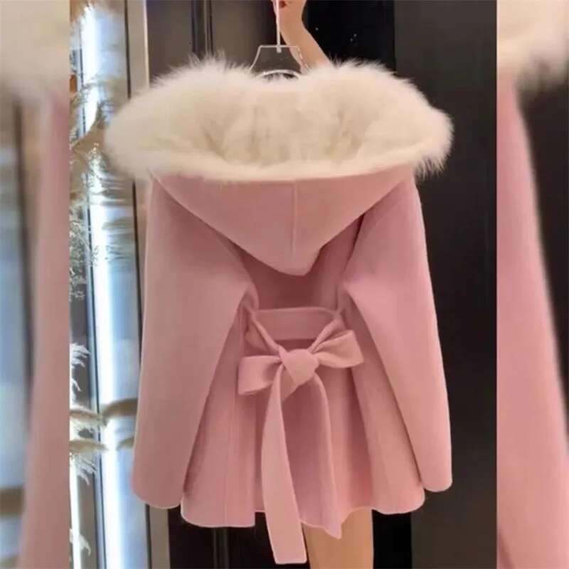 Pink Hooded Women's Autumn Winter Belt Popular Woolen Coat Fragrant Wind High End Lightweight Short Fur Neck