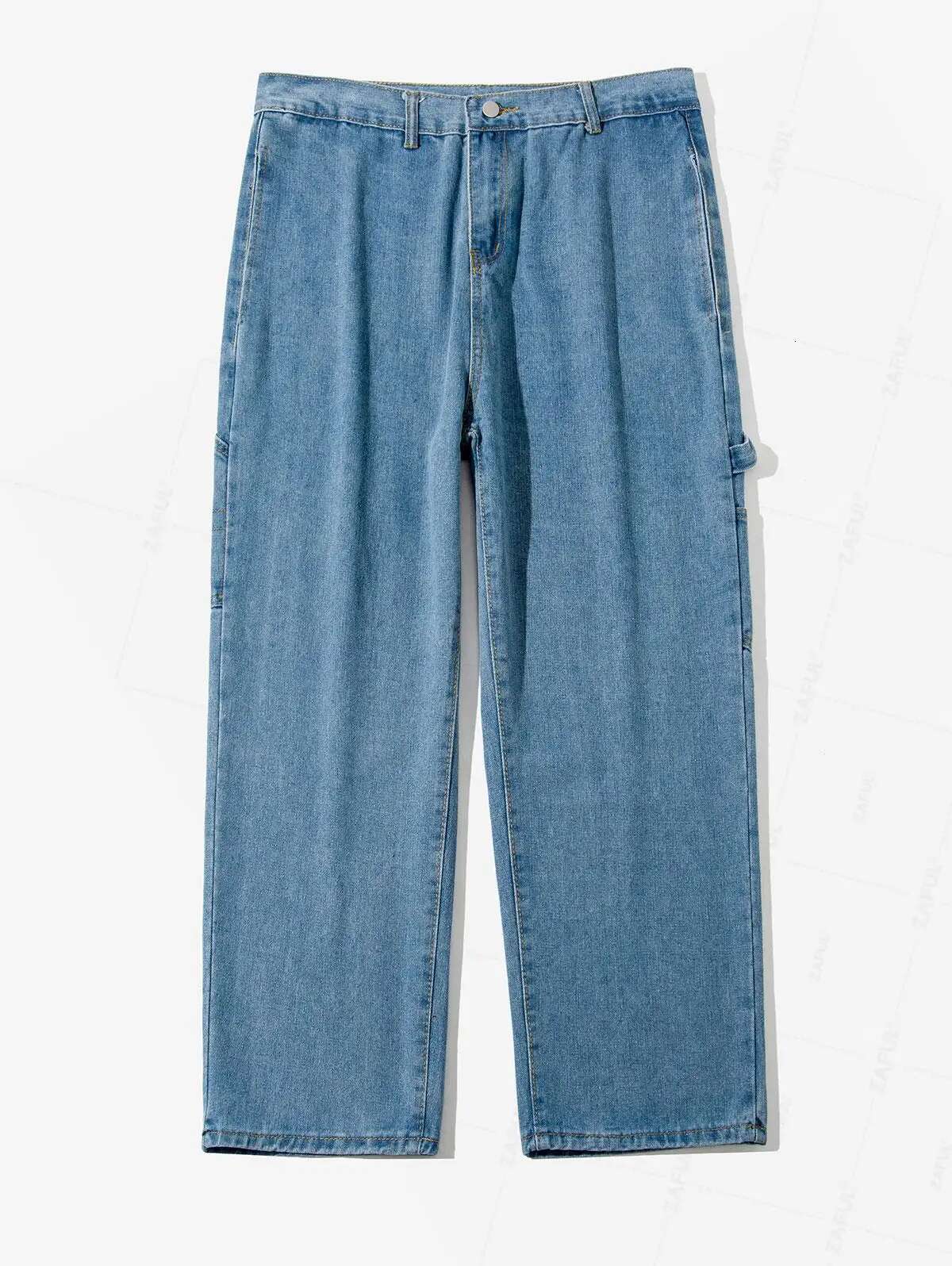 ZAFUL Letter Applique Medium Wash Straight Leg Carpenter Jeans