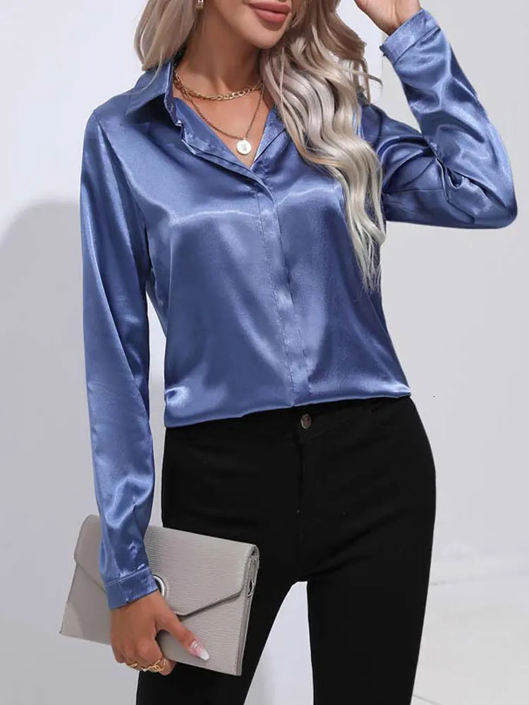 Spring Summer Satin Shirt Women V Neck Long Sleeve Office Shirt Blouses Ladies Black White Silk Loose Shirts For Women 250303