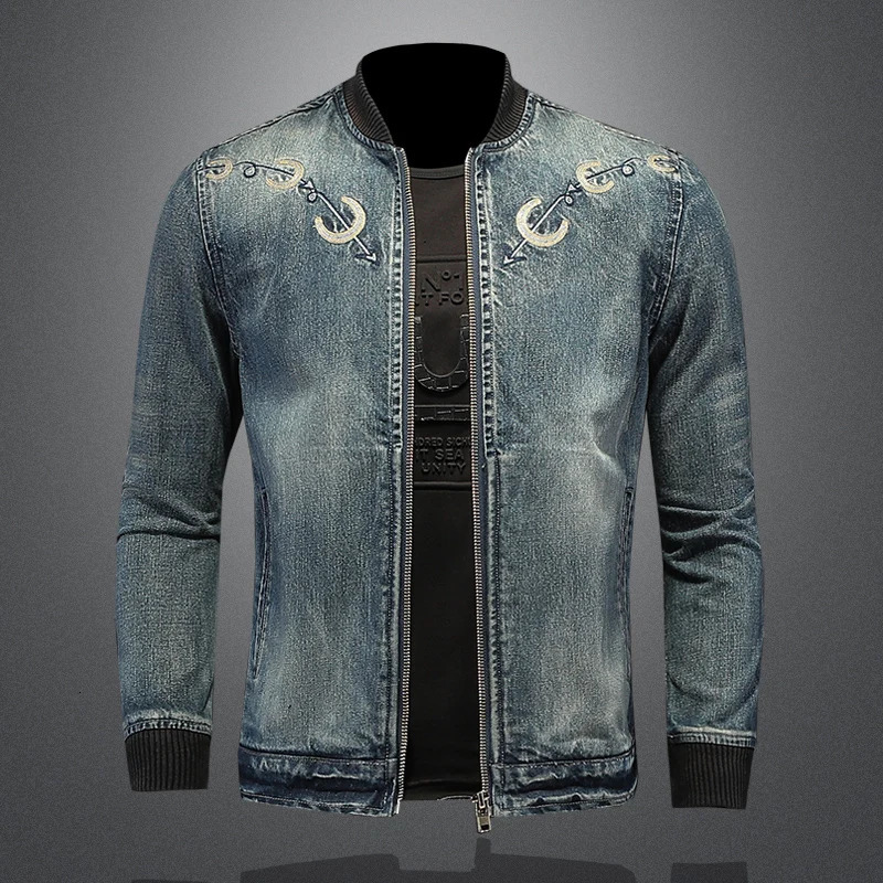 2024 High Quality Fashion Allinone Denim Jacket Handsome Trend Casual Horseshoe Embroidery Vintage Boutique 250304