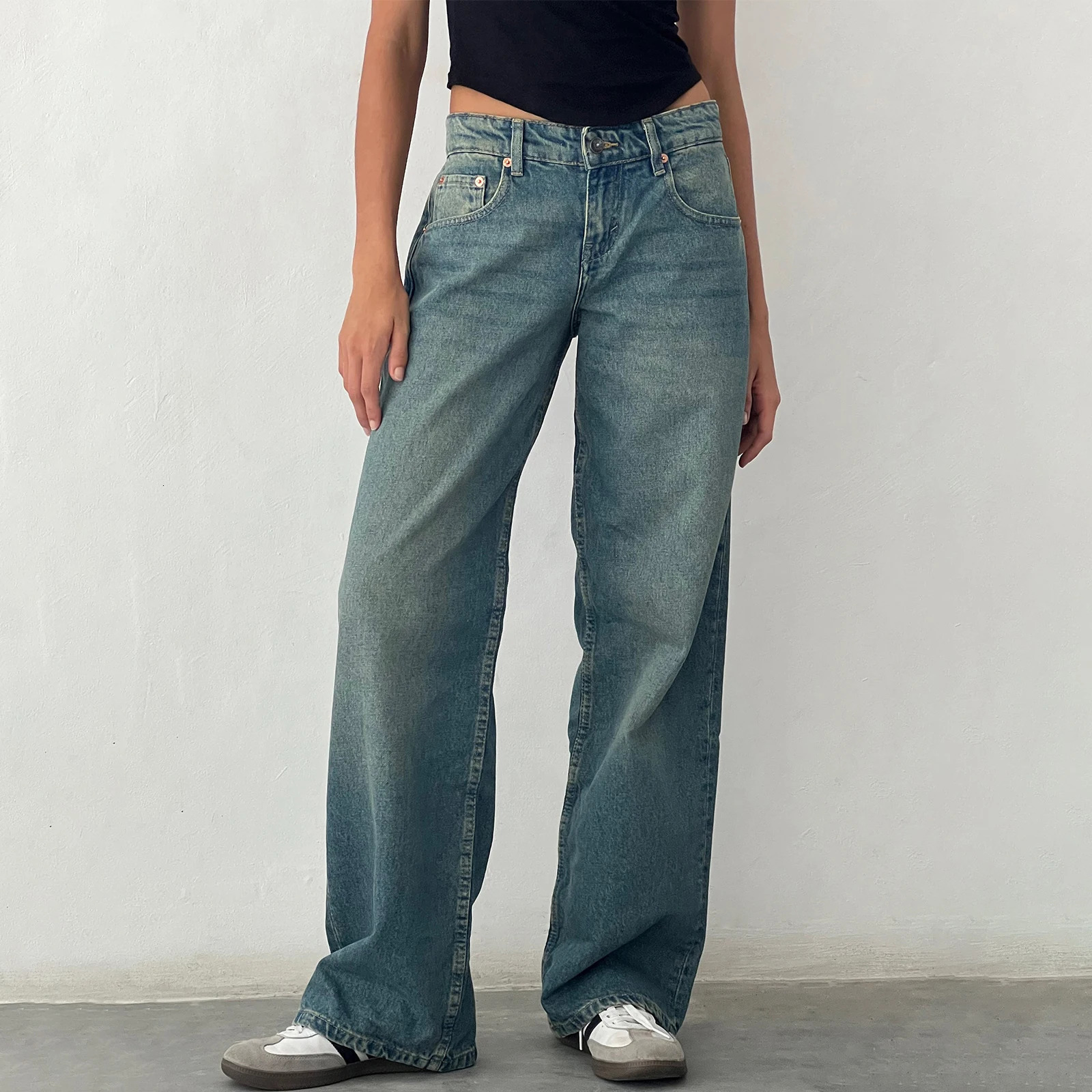 Womens Vintage Aesthetic Y2k Low Rise Baggy Jeans Loose Fit Boyfriend Straight Wide Leg Jeans Trendy Stretch In Denim Pants 250228