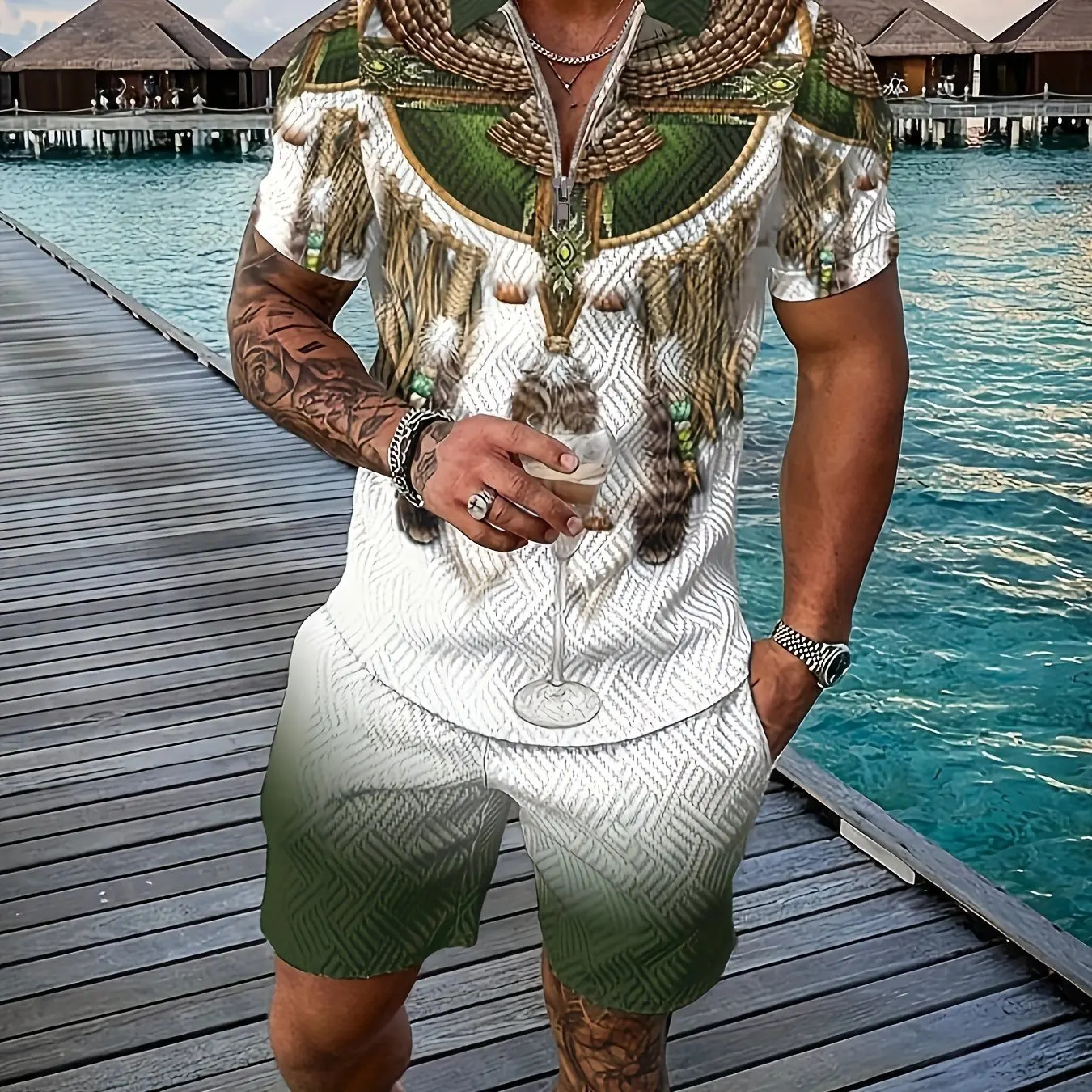 Retro national Style Totem 3D Print Mens Sweatsuit Set Summer Zipper Polo Shirt Shorts 2pcs Sets Man Clothing Tracksuit Set 250304
