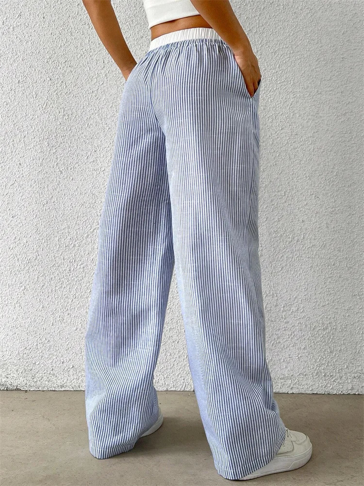 Womens Casual Striped Woven Wide Leg Pants Fall Winter Casual Stylish Full Length Trousers Y2K Clothes Streetwear 250303