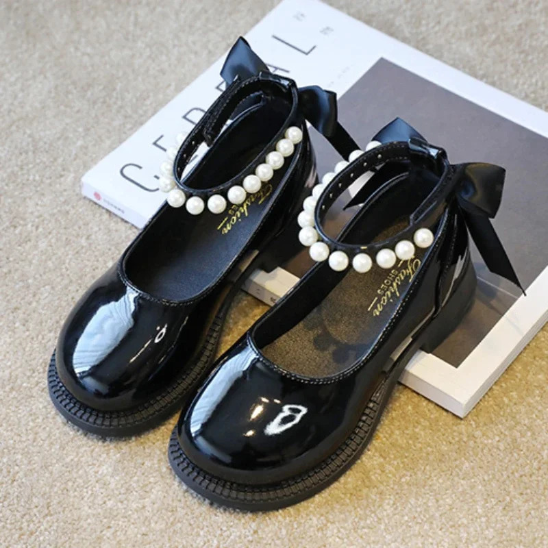 Spring Autumn Girl Glossy Leather Shoes Fashion Children Princess Causal Dress Flats Sweet Bowtie Kids School Mary Jane 250303