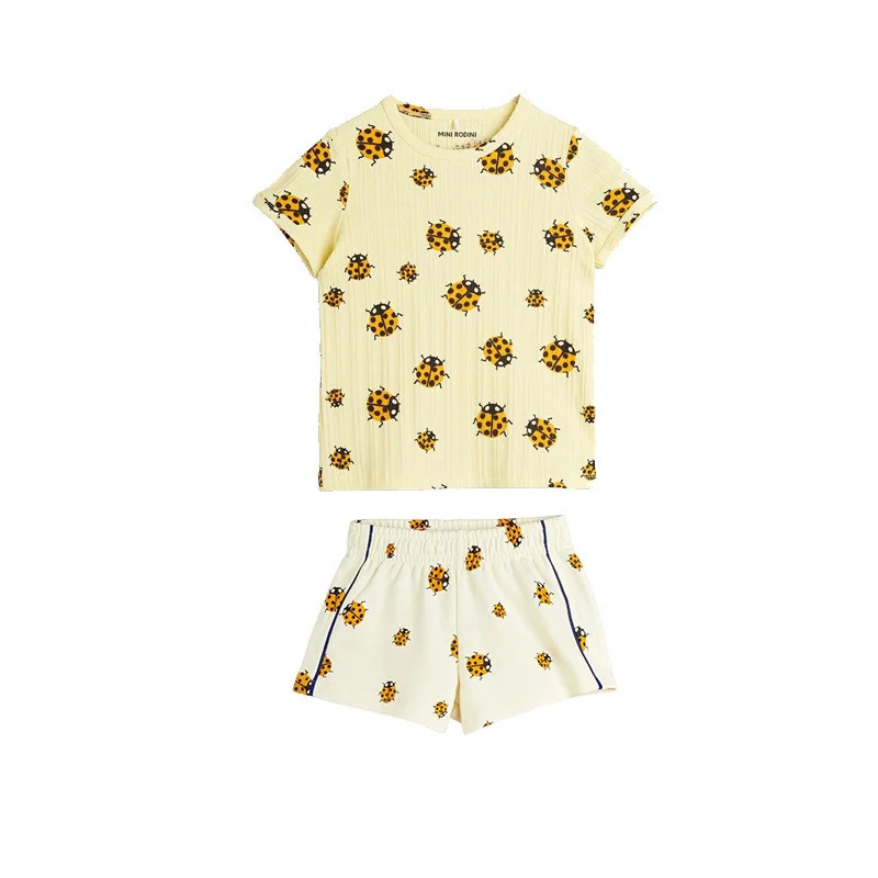Childrens Set Fashion Cartoon Ladybug Printed Girl Dress Casual Cotton Boy T-shirt Shorts Set Childrens Sweatshirt 250304