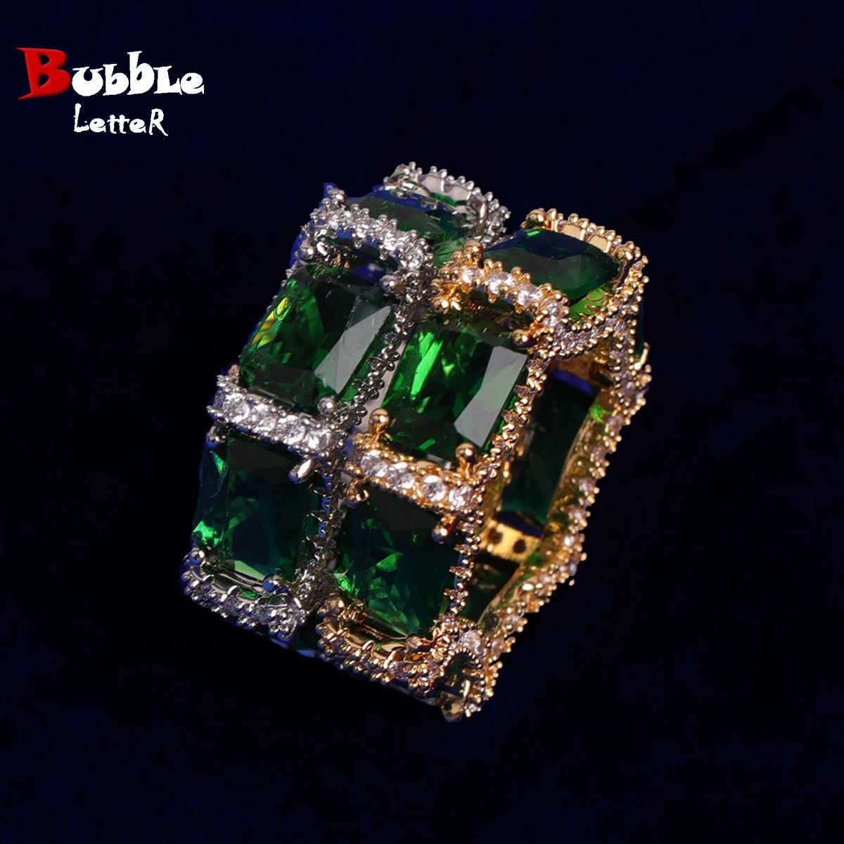 Couple Rings Wind hip-hop green ring with micro inlaid zircon real gold electroplating fashionable and personalized trendsetter ring H25303