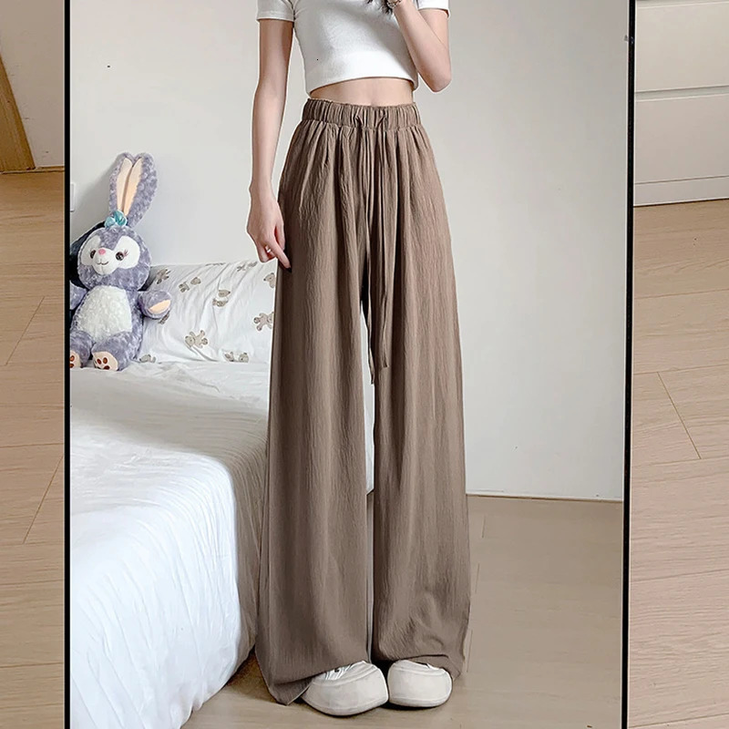 Back to School Summer Womens Fashion Thin Japanese Ice Silk Wide-Leg High-Waisted Straight Draped Anti-Wrinkle Casual Pants 250303