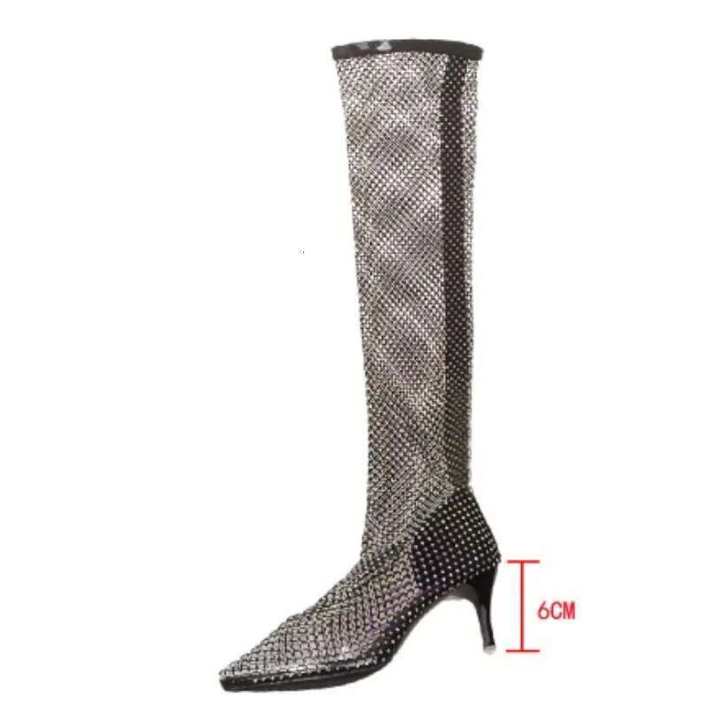with Black Womens High Slim Heels Pointed Toes Rhies Zippers Summer Outdoor Mesh fashionable Cool Boots