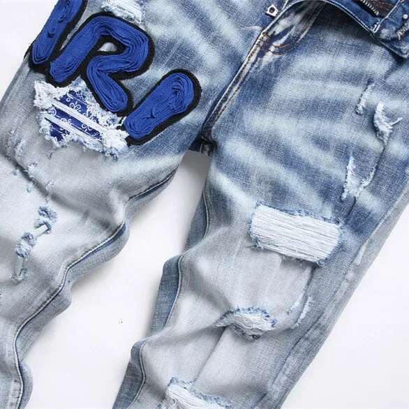 AM Light Blue Jeans Ripped Trend Elastic Slim Fit Small Feet Fashion Versatile Men's Pants