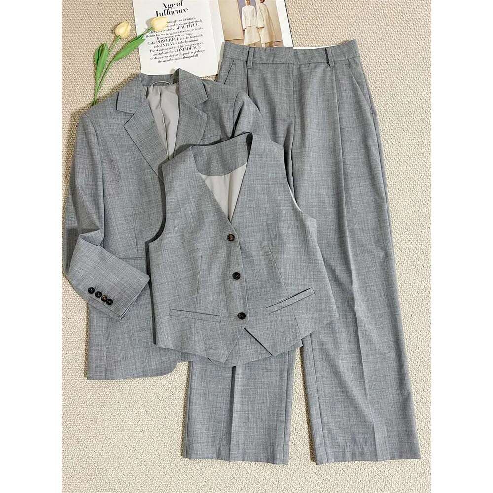 Women Gray Beading Chain Set Herringbone Patterned Single Breasted Blazer Vest Or Straight Long Pants Lady Casual Suit