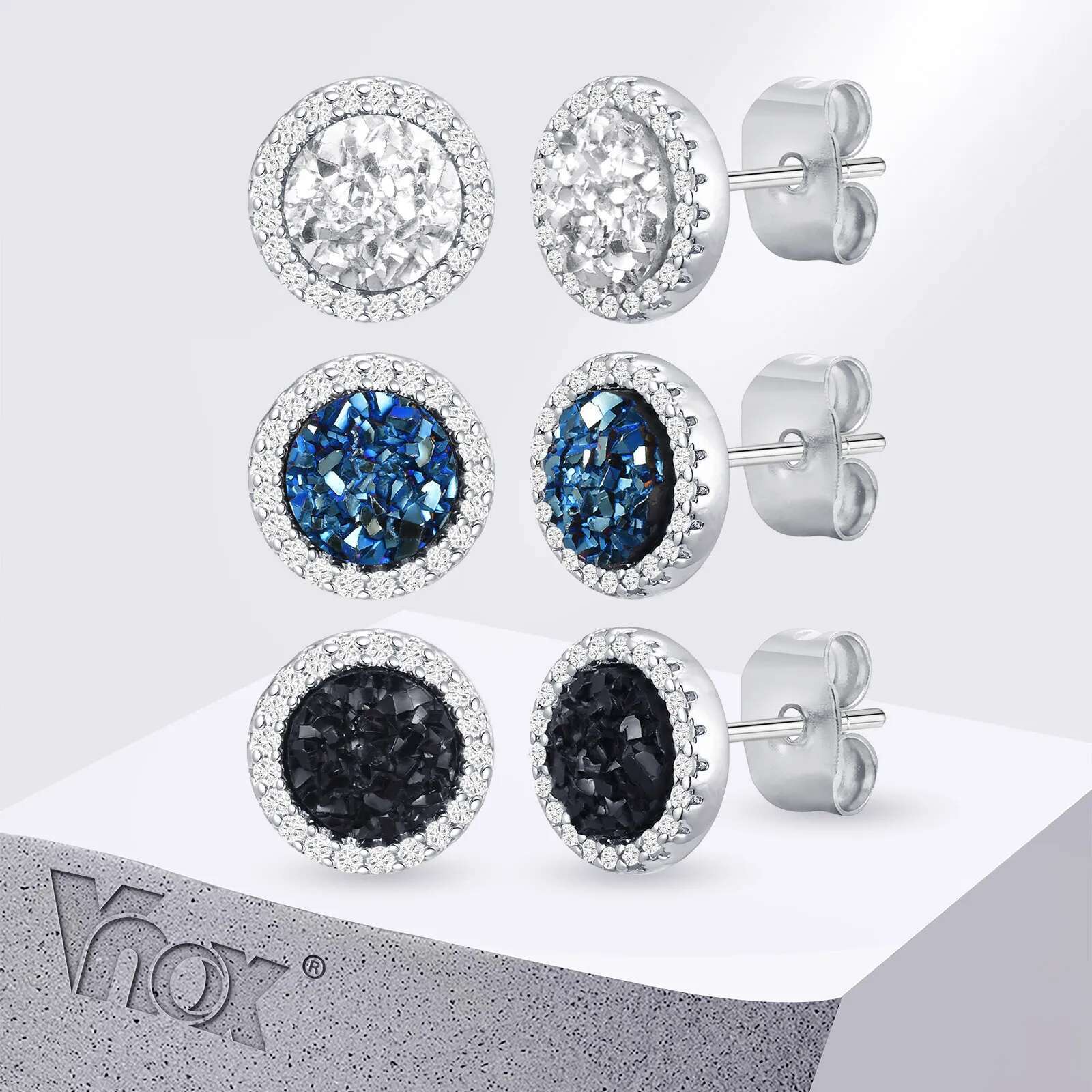 Vnox Black Crystal Round Circle Earrings for Men, Full Blue CZ Stone Ring Stud Earrings, Gothic Simple Piercing Ear Jewelry