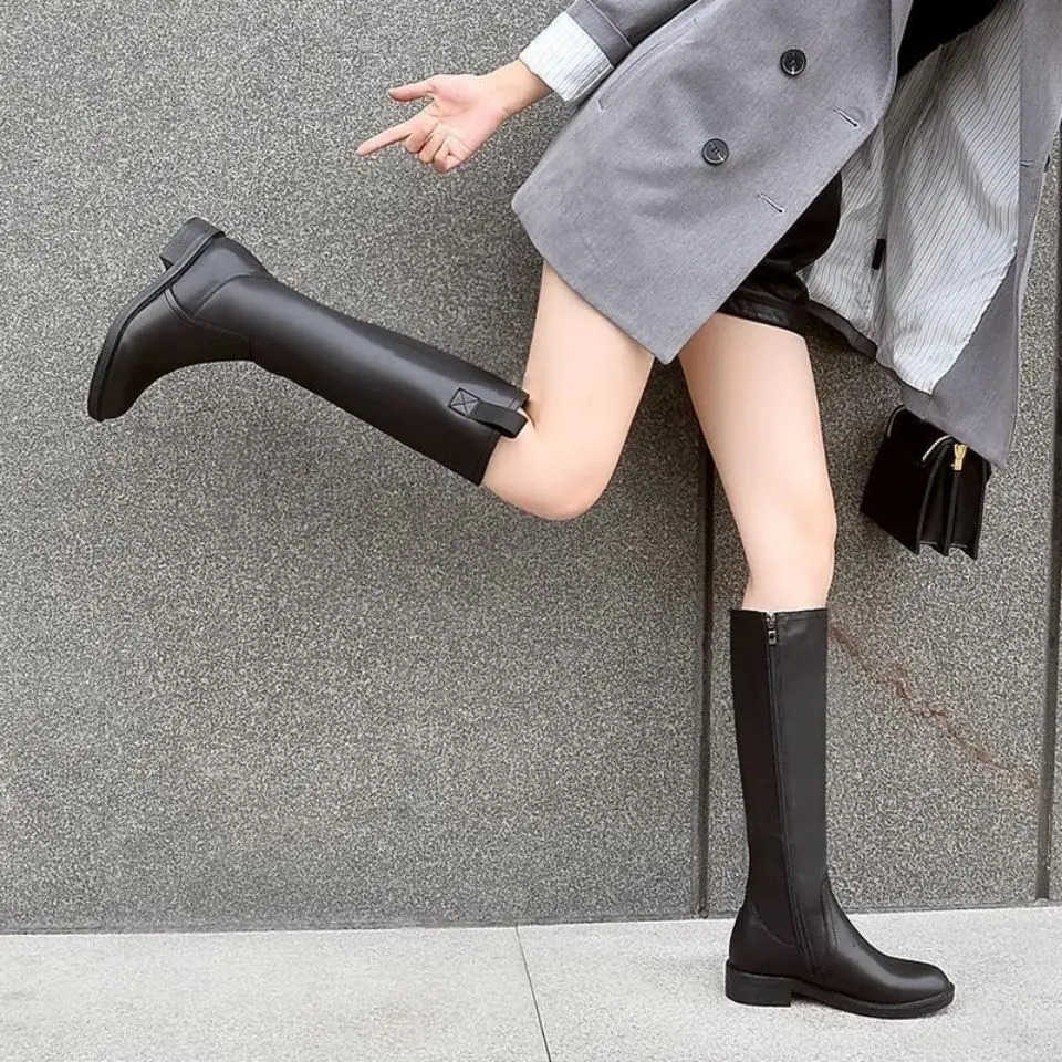 Knee High Shaft Shoes Wan Leather Round Toe Long Boots for Wen Black Designer Luxury Footwear Winter 2024 Novelty New Rock Z250304