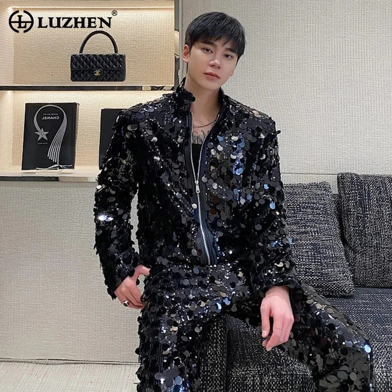 LUZHEN personalized sequin stand up collar short jacket trend cool stage clothing 2025 fashion street mens LZ6684 250304