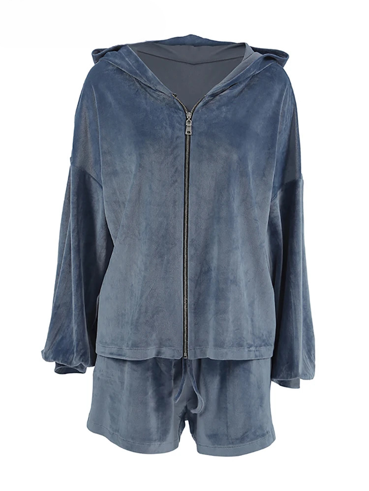 Blue Sporty Women Knitwear Sets Autumn Sweater Hooded And Drawstring Shorts 2 Pieces Suits Knitting Suit