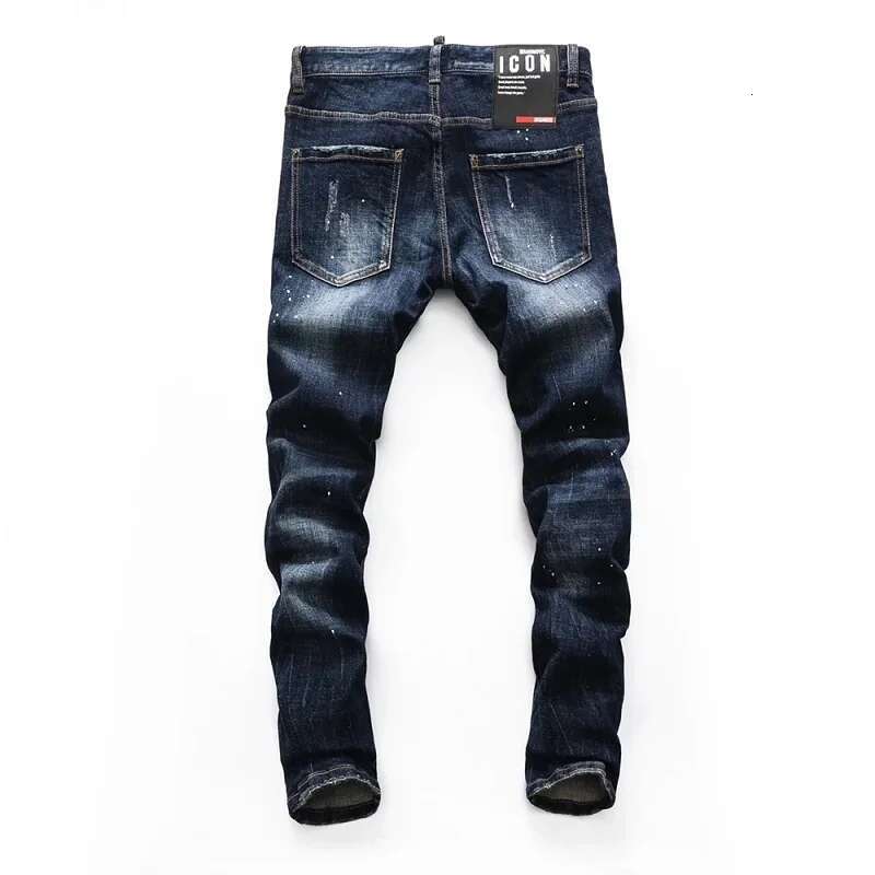 European American Fashion Brand Italy Design Cool Top Slim Jeans Denim Trousers Blue Hole Pants For Men