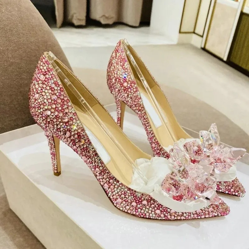 Wedding Shoes Pointy High Heels Thin With Cinderella Glass Shoes Bride Shoes Rhinestone Single Shoe Female Crystal Pumps 250303