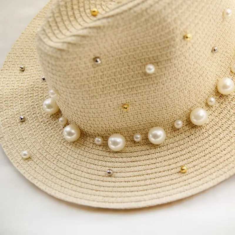 New Spring Summer Hats For Women Flower Beads Wide Brimmed Jazz Panama Hat Sun Visor Beach Hat Flower Pearl rivet Str HatXJ250304