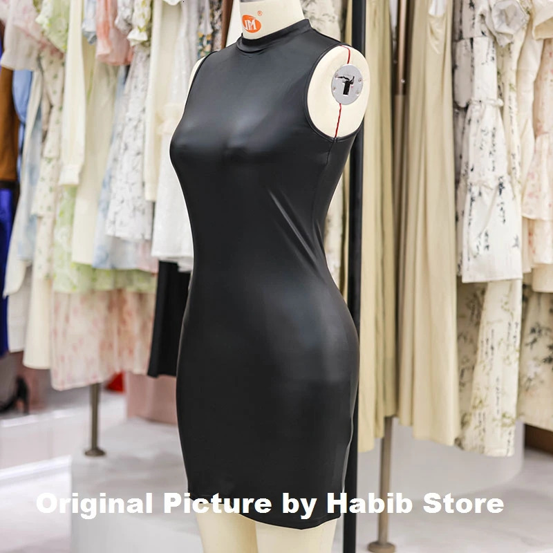 Party Bodycon Pu Leather Ladys Solid Color Dress Sexy Sleeveless Slim Elastic Package Hip Tee Skirt Mini Short 250227Z