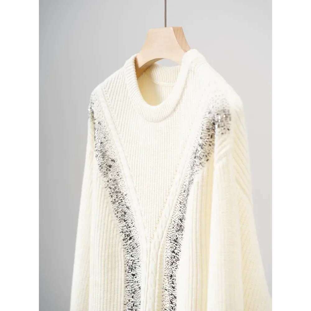 Women Rhie Decoration Sweater 100% Wool Round Neck Fashion 2 Colors Female Long Sleeve Jumper 2025 Autumn Winter