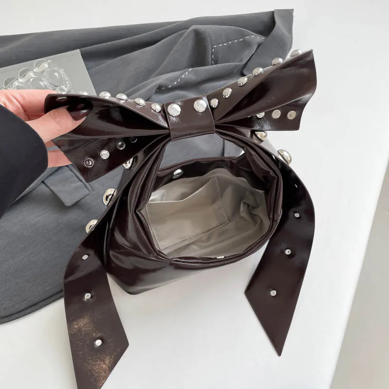 LEFTSIDE Bow Cute Rivets Small PU Leather Shoulder Bags for Women Y2K Fashion Underarm Bag Female Handbags 250228