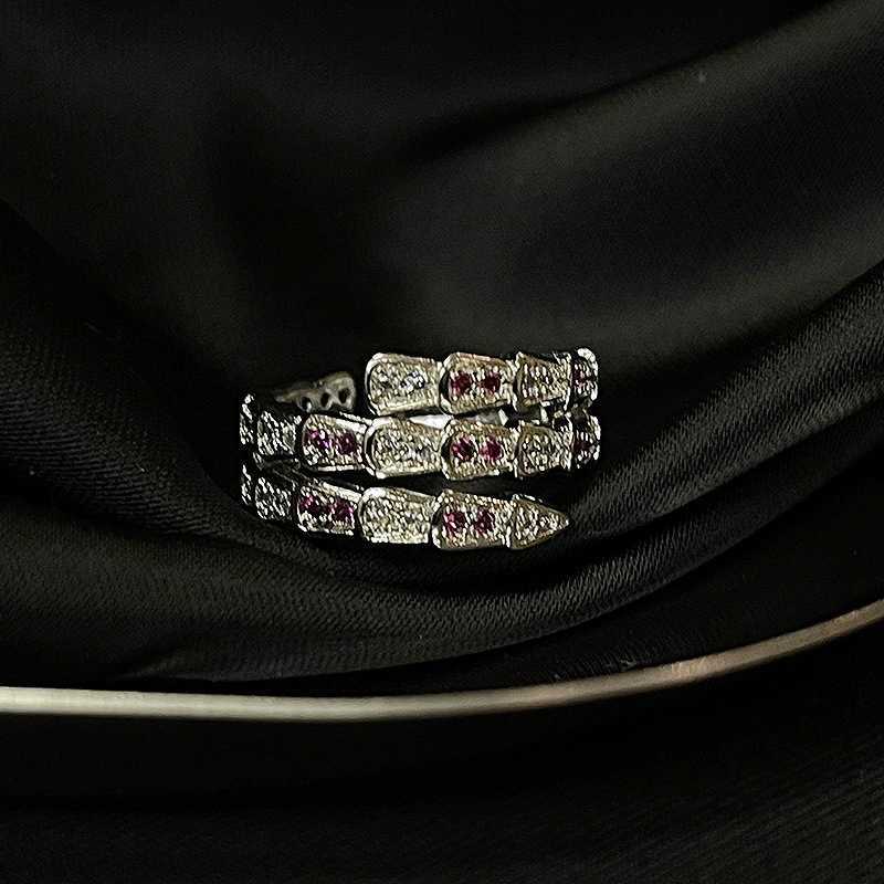 Couple Rings Stacked red heart-shaped zircon open ring for women with a niche design index finger ring high-end temperament snake bone ring H25303