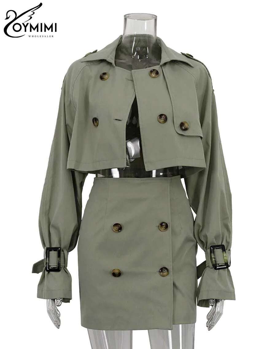 Elegant Green 2 Peice Woman Fashion Lapel Long Sleeve Double Breasted Crop Tops And High Waist Button Slim Skirts Set