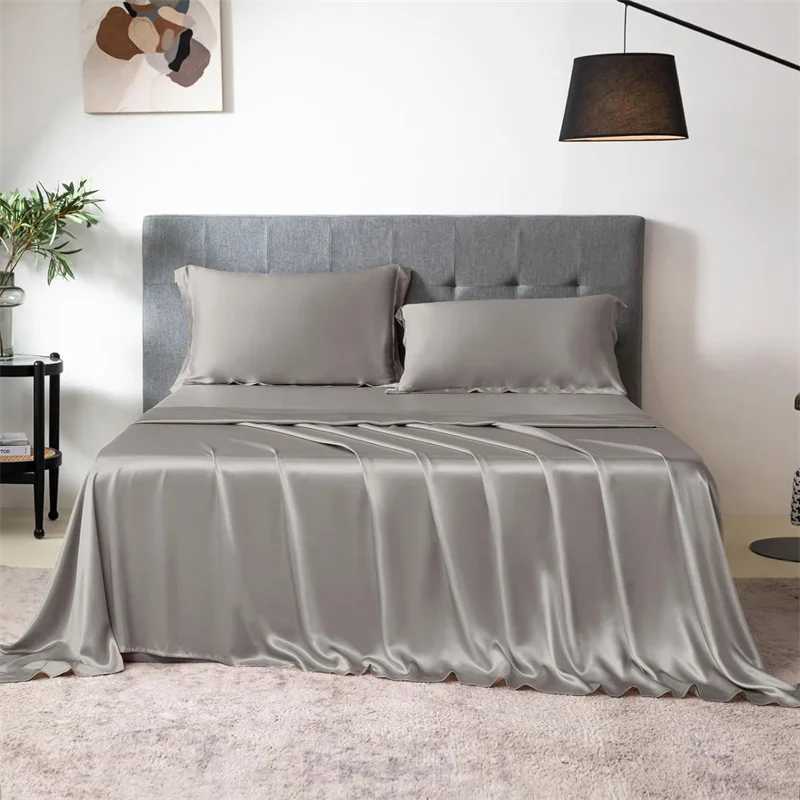 100% mulberry silk 4/6 piece bed sheet set solid color bed sheet set luxurious silk set flat pillowcase washable and softXJ250303