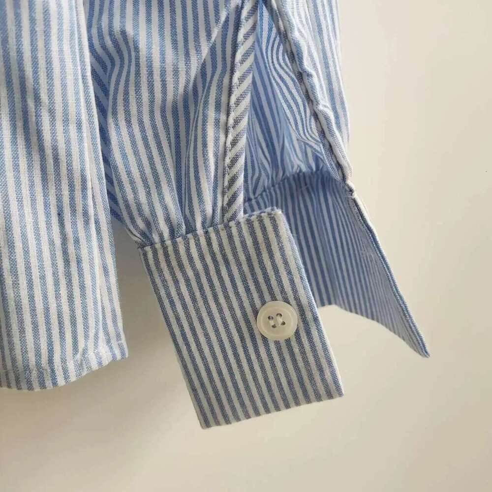 2025 Spring Summer Literary Elegant Embroidered Lace Women Cotton Stand Collar Light Blue Striped Shirt