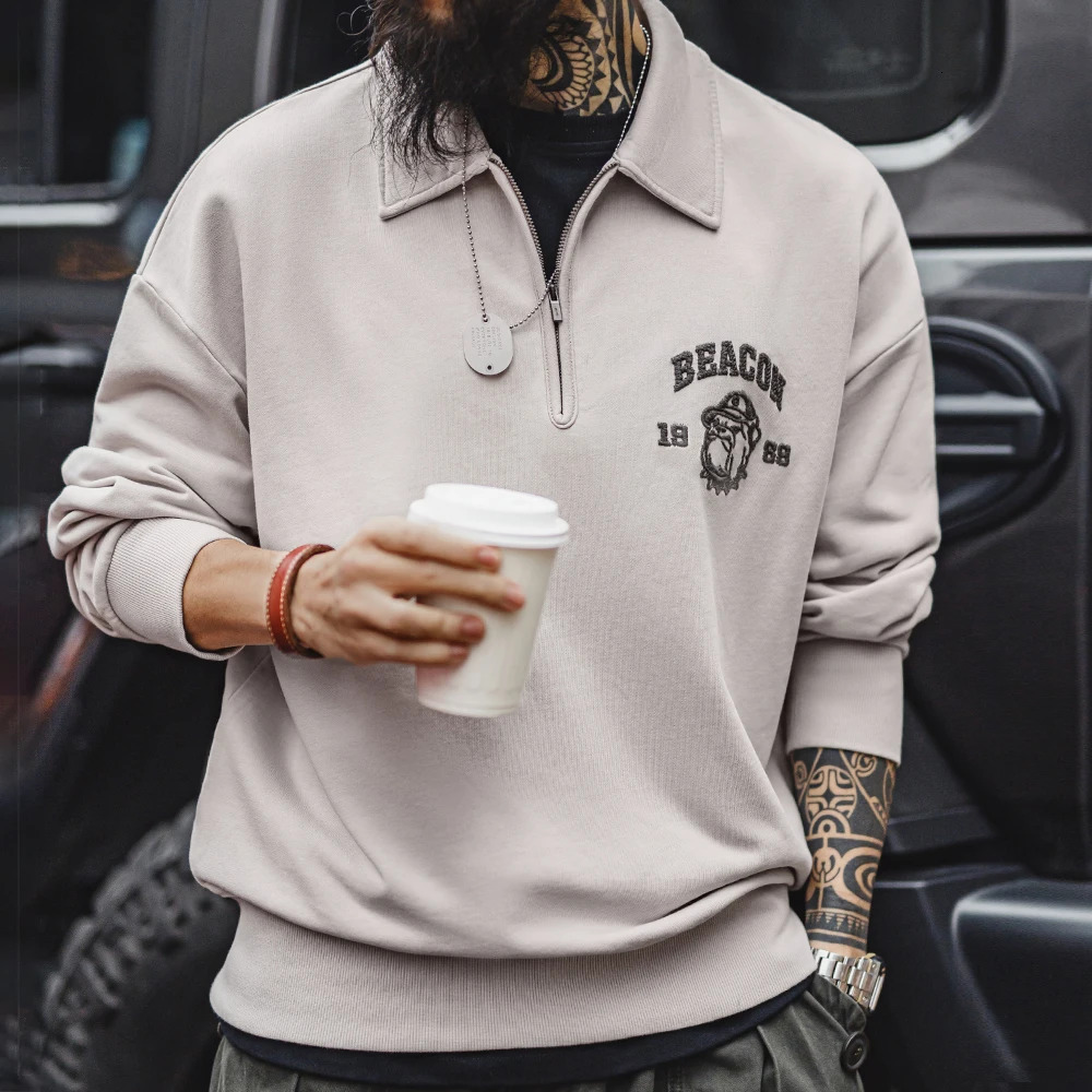 Maden Vintage Mens Long Sleeve Embroidered Sweatshirt with Letters Halfopen Front Casual Hoodie Turnedup Collar for Spring 250304