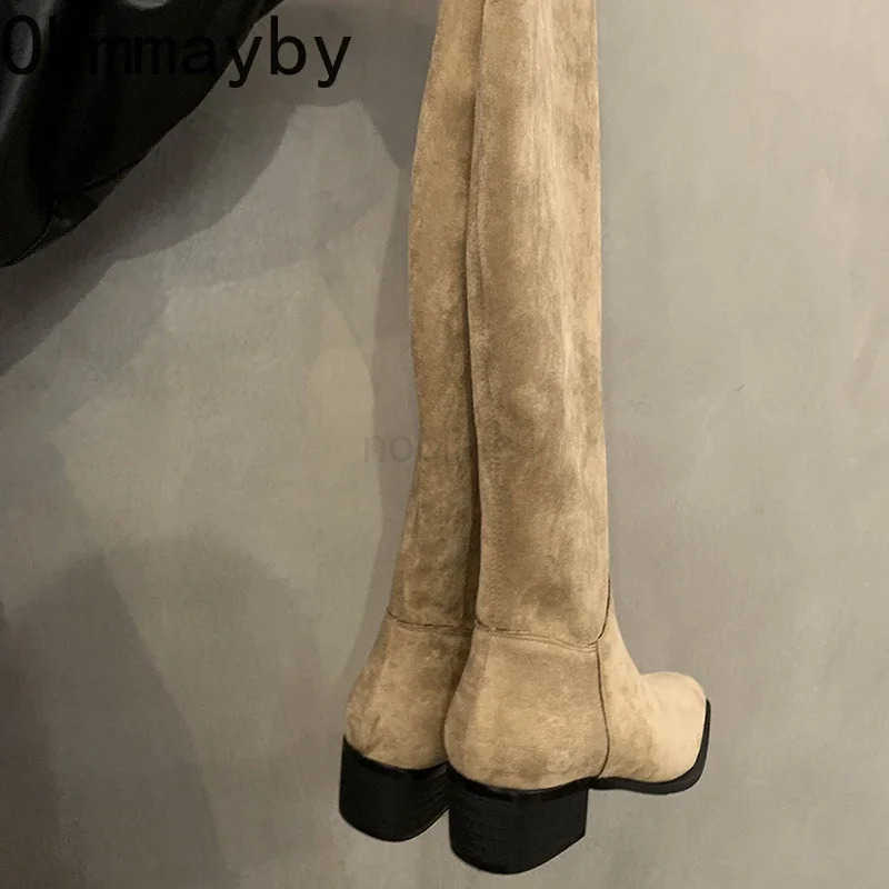 Designer Square Heel Streh Wen Over The Knee High Boots Autumn Winter Ladies Concise Long Botas De Mujer Z250304