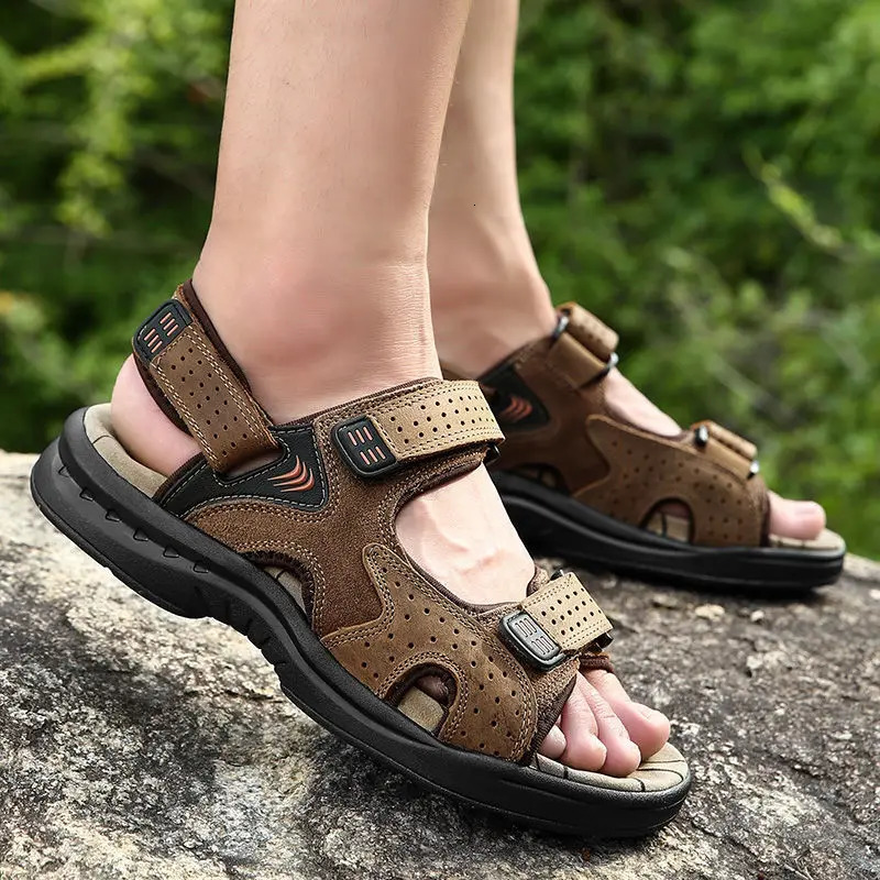 Camel Summer Leather Mens Sandals Trend Dual-use Leisure Beach Mens Flat Sandals Shallow Casual Shoes 250303