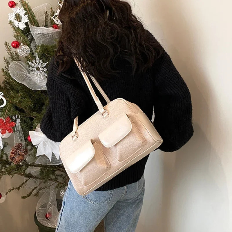 Korean Fashion Womens Shoulder Bag Soft Suede with PU Leather Bowling Handbag Casual y Vintage Boston Tote 250303