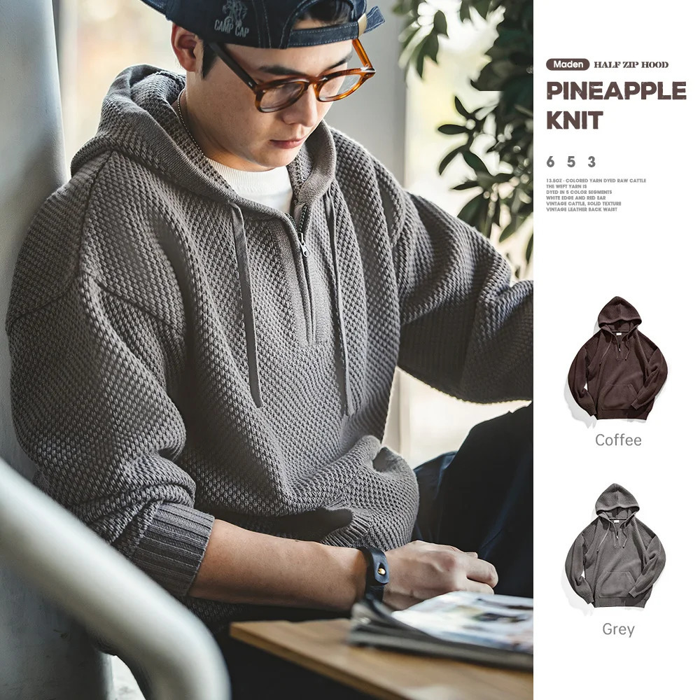 Maden casual knitted sweater half zipper mens basic hoodie autumn and winter fashion warm top 250304