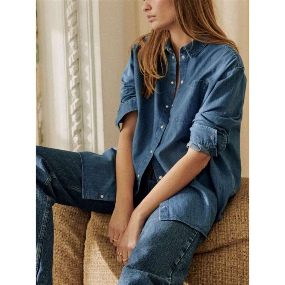 Women Long-Sleeved Cotton Denim Shirt Turn-Down Collar Single-Breasted Ladies Loose Casual Blouse Autumn New