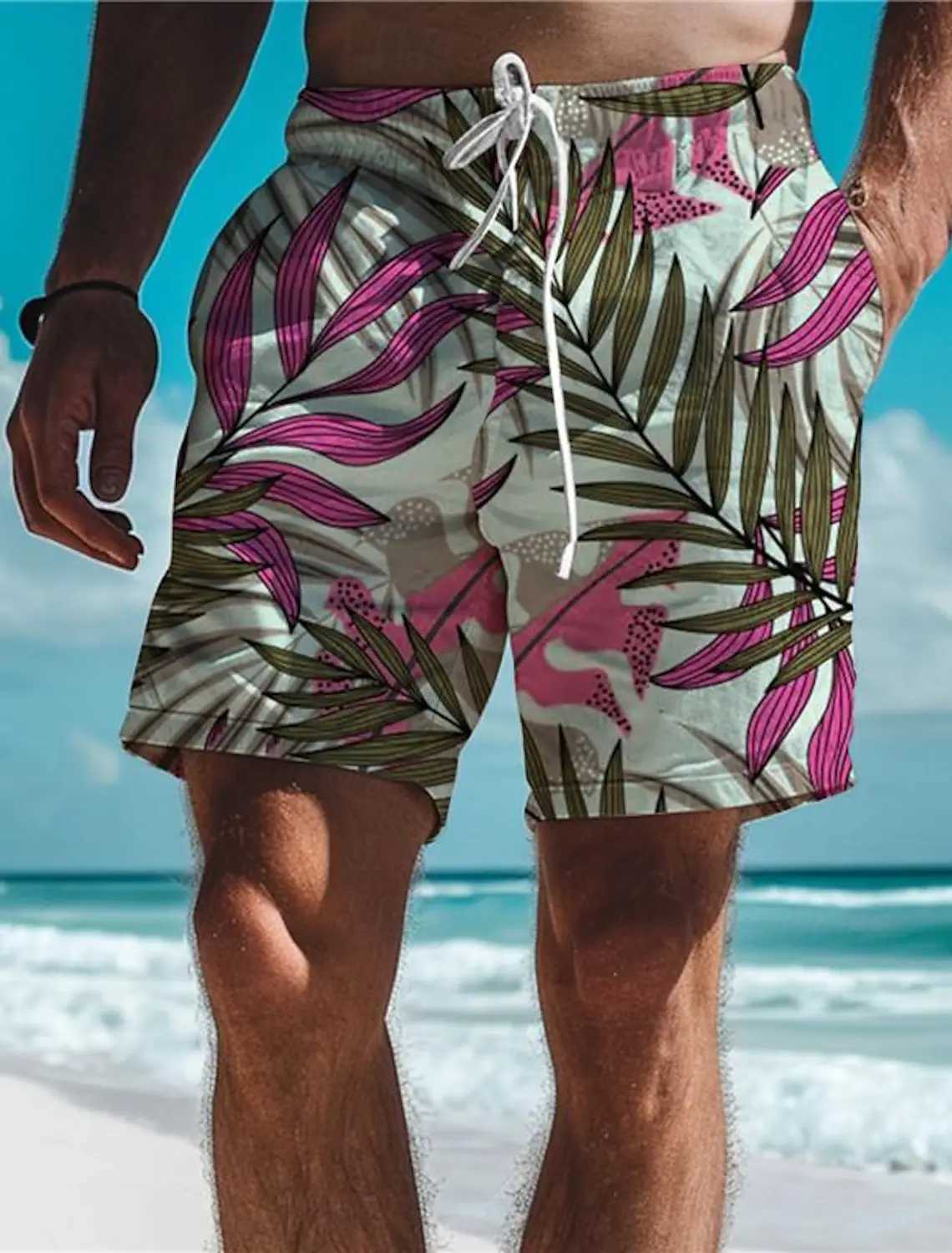 Leaf Tropical Mens Board Shorts Hawaiian Short 3D Printed Swim Trunks Elastic Drawstring Breathable Stretch Short Aloha StyleT250304