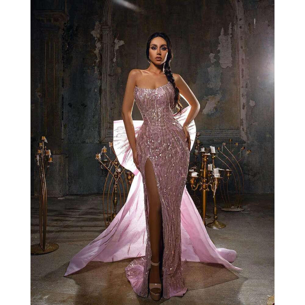 Custom Strapless Evening Mermaid Dresses Big Bow Sweep Train Backless Zipper Prom Dress