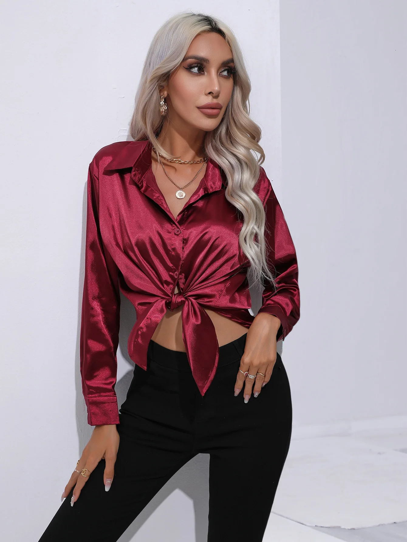 Spring Satin Shirt Women Loose Button Up Blouse Shirt Ladies Silk Long Sleeve Shirt For Women 250303