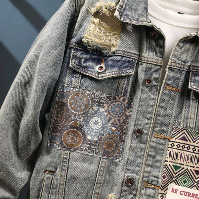 Washed Vintage Denim Men's Fashion Ing Printing 2024 New Autumn High-End Design Ripped Jacket